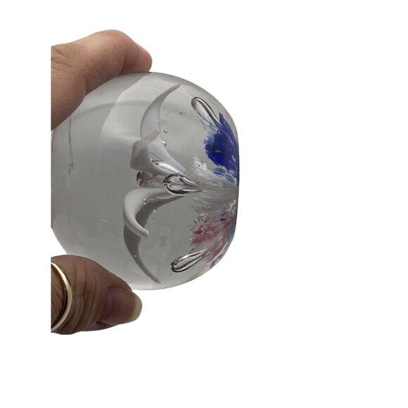 Hand-Blown Art Glass Paperweight With White Lily Flower & Colorful Base - Picture 7 of 8